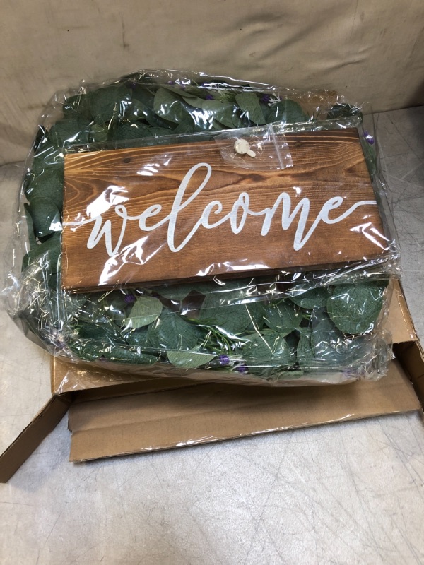 Photo 3 of CLIAWAL 15 Inch Christmas Welcome Wreath for Front Door, Farmhouse Welcome Sign with Artificial Eucalyptus Wreaths, Door Wreath for Home Wall Decoration
