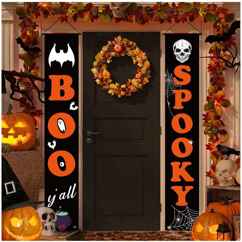 Photo 1 of 2 pack - Gyothrig Halloween Decorations Outdoor, Boo Spooky Witches Banners Halloween Decor for Front Door Indoor Home House, Cheap Cute Halloween Welcome Hanging Signs for Porch Classroom Yard Office Party