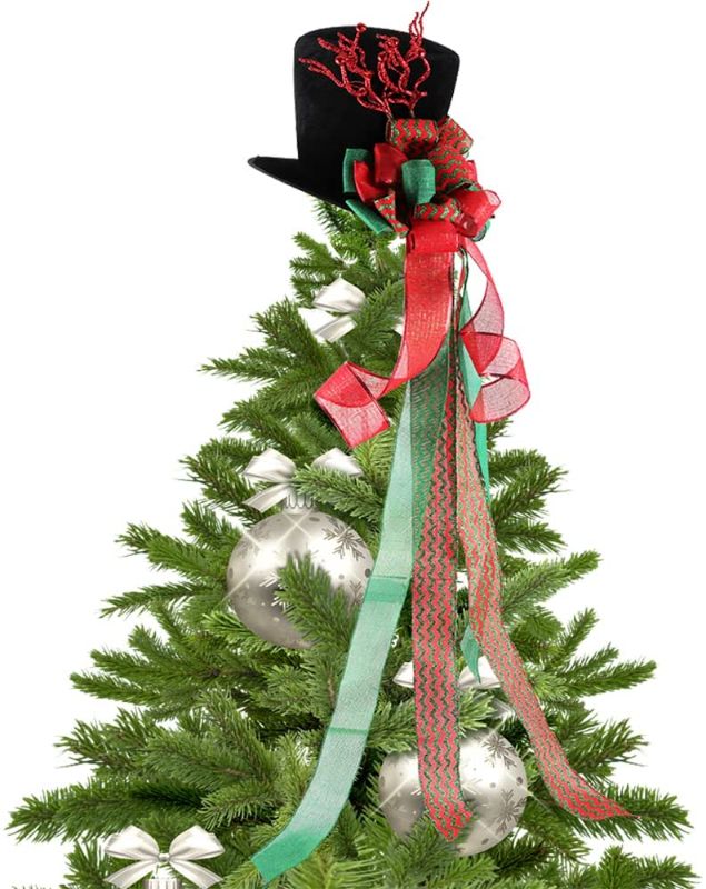 Photo 1 of Christmas Tree Topper Hat, Black Velvet Bowler Derby Hat with Large Red and Green Bow, Christmas Tree Decorations Xmas Ornaments for Holiday Home Decor(Red and Green)