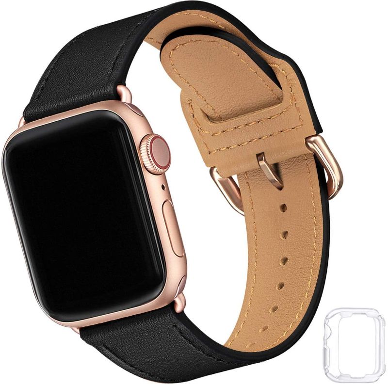 Photo 1 of Compatible with Apple Watch Band 38mm 40mm 42mm 44mm, Soft Leather Watch Band Replacement Strap for iWatch SE Series 6 5 4 3 2 1(Black with Rose Gold, 38MM/40MM)