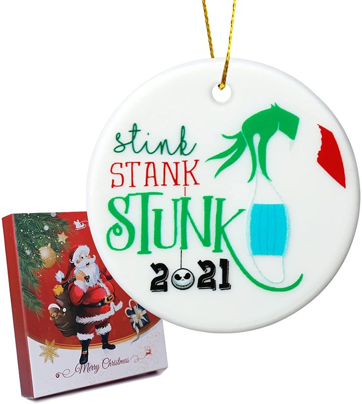 Photo 1 of 2021 Christmas Ornaments Clearance Stink Stank Stunk with Gift Box, Grinch Ornaments Grinch Christmas Decorations Ceramic for Christmas Tree Decorations, for Friend Family-Grinch 7
