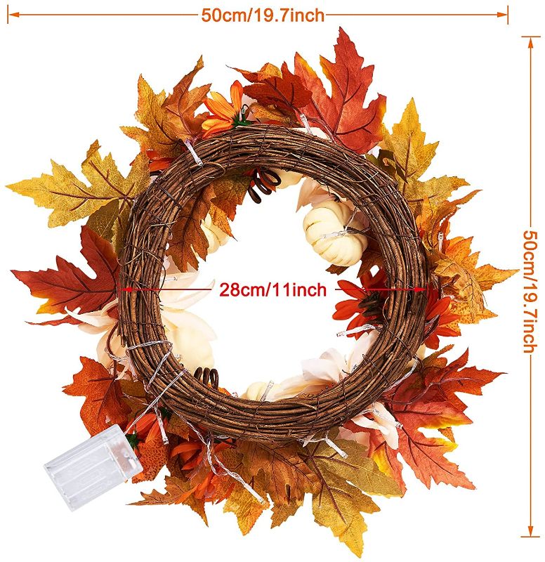 Photo 1 of Autumn Fall Wreath with 20 Lights, 19.7inch Halloween Wreath, with Pumkin, Daisy, Chrysanthemums, Maple Leaves for Christmas Decorations Thanksgiving Gift, Fall Wreath for Halloween Decoration
