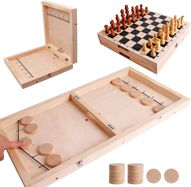 Photo 1 of Dinhon Fast Sling Puck Game Wooden Chess Set Folded into a Chess,2 in 1 (22 x 12 in) Hockey Wooden Games for Kids and Adults Wooden Hockey Table Game for Family Fun – Eco-Friendly Game Board