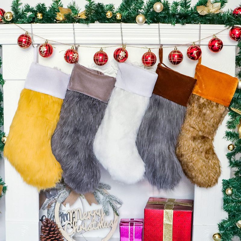 Photo 1 of 2021 Christmas Stockings Set of 5, Large Faux Fur Family Christmas Stocking 5 pack for Farmhouse Décor, luxury Xmas Stockings for Home Decorations 