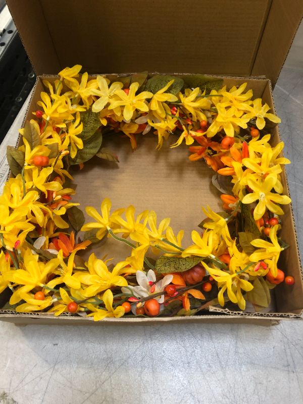 Photo 2 of Artificial Fall Flower Wreath,20” Orange Yellow White Floral Wreath Autumn Wreath with Pumpkins and Berries Front Door Wreath for Home Decor and Thanksgiving Celebration
