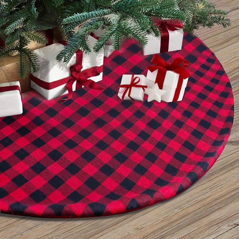 Photo 1 of 
Trooer 48 Inch Christmas Tree Skirt Black and Red Buffalo Plaid Tree Skirt Christmas Decorations Double Layers Tree Skirt Ornaments for Xmas Holiday Party