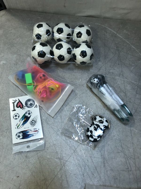 Photo 2 of Konsait Football Party Favors 31pcs Football Key Rings, Football Whistles, Bouncy Footballs, Football Tattoos for Kids Birthday Gift Football Party Sports Game Supplies Boys Party Bags Fillers