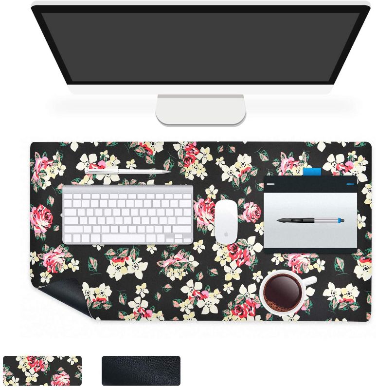 Photo 1 of 2 pack - CoolBELL Office Desk Pad Large L Size Computer Gaming Pad Non-Slip PU Leather Ergonomic Mouse Pad Water-Proof Office Dual Side Use Keyboard Pad for Men / Women (Black Peony Floral,23.6''x13.7'')