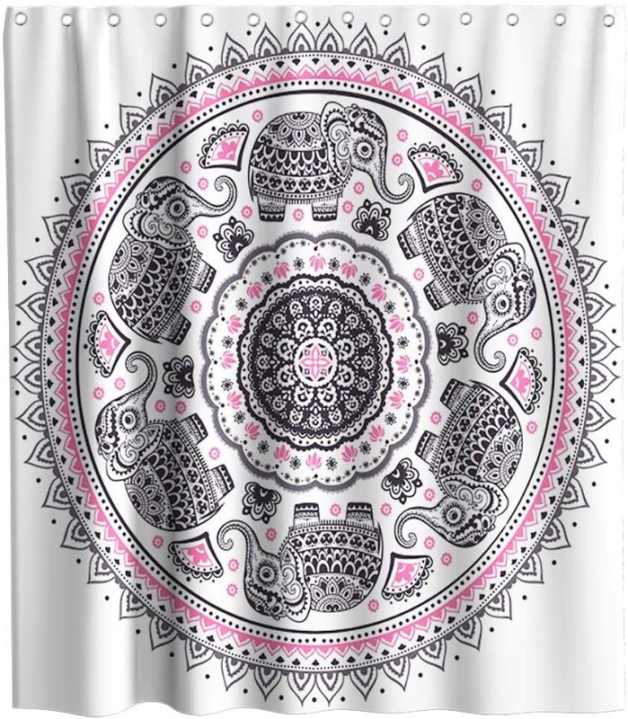 Photo 1 of Floral Shower Curtain Animal Elephant Bohemia Theme Fabric Bathroom Decor Sets with Hooks Waterproof Washable 72 x 72 inches Black and Pink Grey