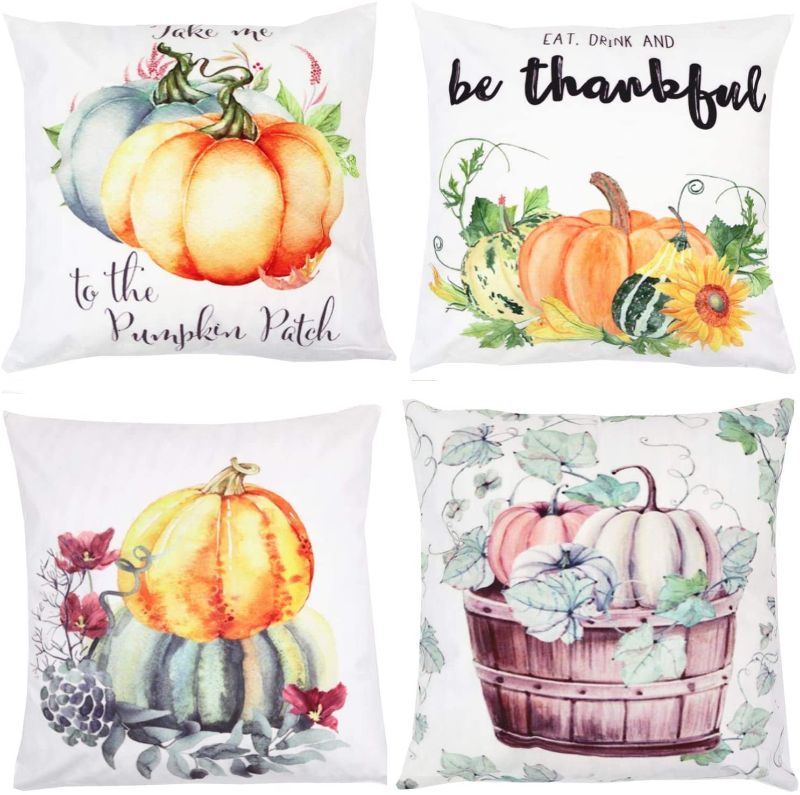 Photo 1 of Autumn Pumpkin Fall Decorative Throw Pillow Covers 18 x 18 Inch Set of 4,ZUEXT Cotton Blend Square Farmhouse Pillowcases Cushion Cover for Car Bed Couch Patio Decor,Halloween Thanksgiving Pillow case