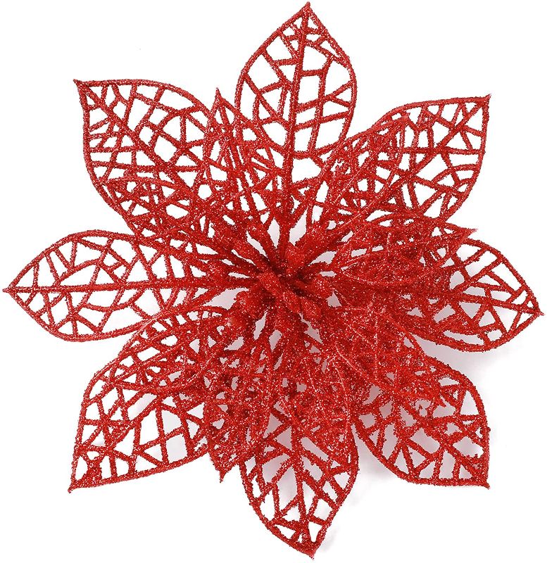 Photo 1 of 20 Pieces Christmas Glitter Poinsettia Flowers, 5.9 inch (15 cm) Artificial Tree Flower for Christmas Tree Ornaments Xmas Picks Wreaths Garland Wedding Holiday Decoration (Red)