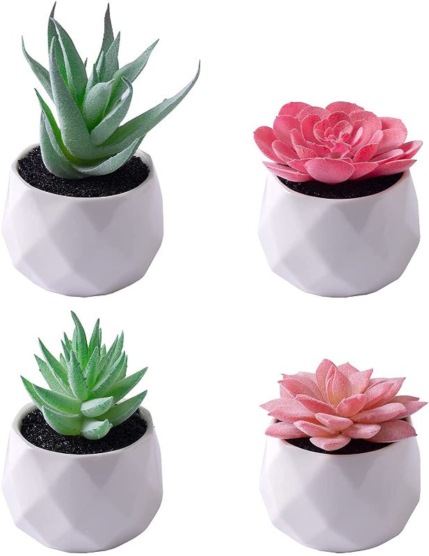 Photo 1 of ZENMAG Fake Succulents Set of 4 Mini Succulents Plants Artificial in White Ceramic Pots for Office Home Living Room Desk Shelf Bathroom Decor Clearance