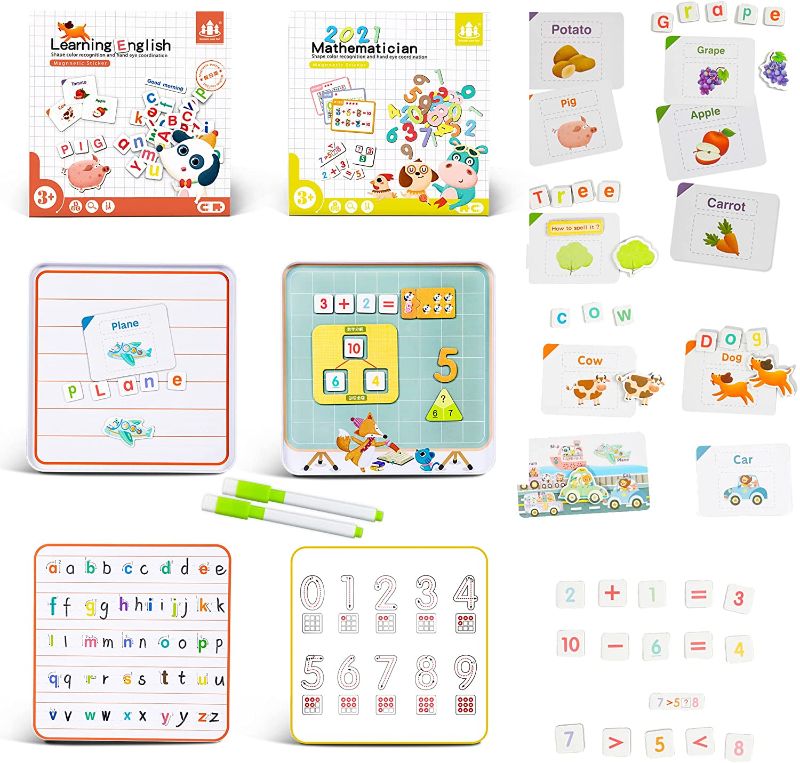 Photo 1 of TOGELIN Preschool Learning Activities, Montessori Toys for Kids, Math and Counting Toys for Kids 3 4 5 up, Magnetic Letters and Numbers 0-9 Numbers, Fruit, Vegetables, Cars, ABC, 123 Writing Board.