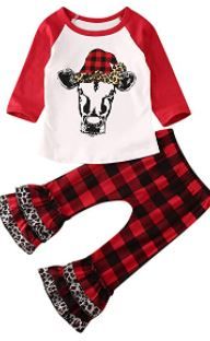 Photo 1 of Christmas Outfits Toddler Baby Girl Red Plaid Tops + Striped Bell-Bottom Pant Fall Winter Clothes 18-24 MONTHS