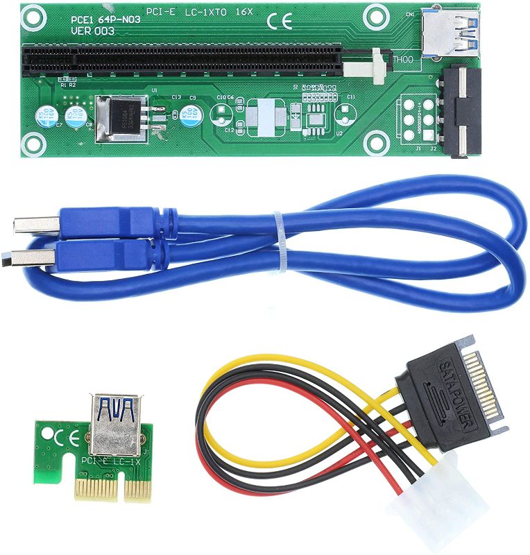 Photo 1 of 3 units of HUABAN 1 Pack PCE164P-NO3 PCI-E 1X to 16X VER003 Riser Card Extender + 15Pin SATA to 4Pin IDE Power Cord 60cm USB 3.0 Cable
