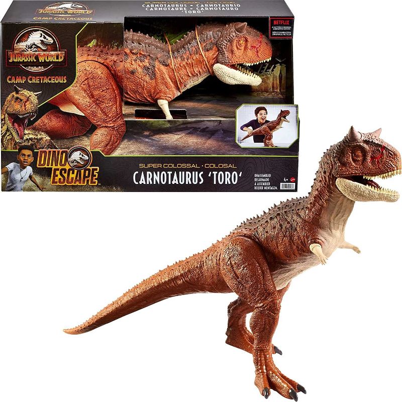 Photo 1 of Jurassic World Colossal Carnotaurus Toro Dinosaur Action Figure Camp Cretaceous with Stomach-Release Feature, 36-in Long, Realistic Sculpting, Kid Gift Age 4 Years & Up