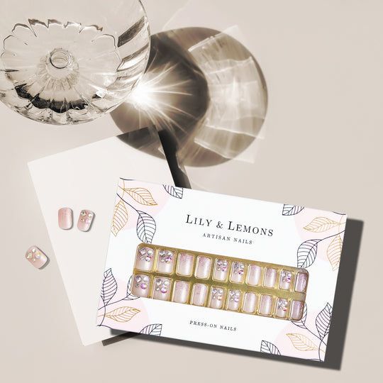 Photo 1 of Lily Lemons Premium Salon Press On Nails 30 pcs Short Oval Round Squoval Design, Comfortable Fit, Gel Glossy Beige Gold Glitter Nail Art, Handcrafted Gemstones, Fake Nails False Nails Stick On Nails
