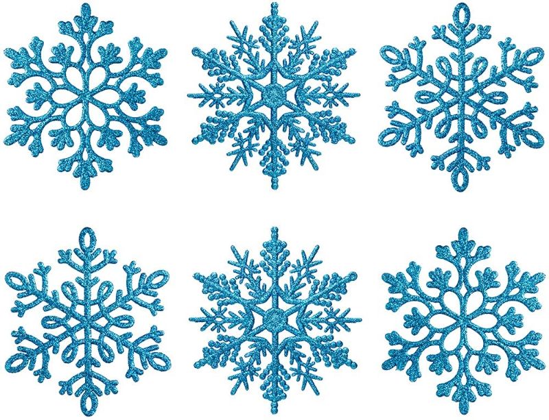 Photo 1 of 4.7inch/30pcs Glitter Plastic Snowflake Ornaments Christmas Tree Hanging Decorations with Silver String for Wedding Birthday Window Door Decorations (Blue)
