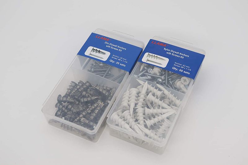 Photo 1 of 2 PACK LLAMA Fastener Drywall Anchors with Screws Mixed - 60pcs Nylon Drywall Anchors, 60pcs #8x1-1/4" Screws & 35pcs Zinc Alloy Drywall Anchors, 35pcs #8x1-1/4" Screws