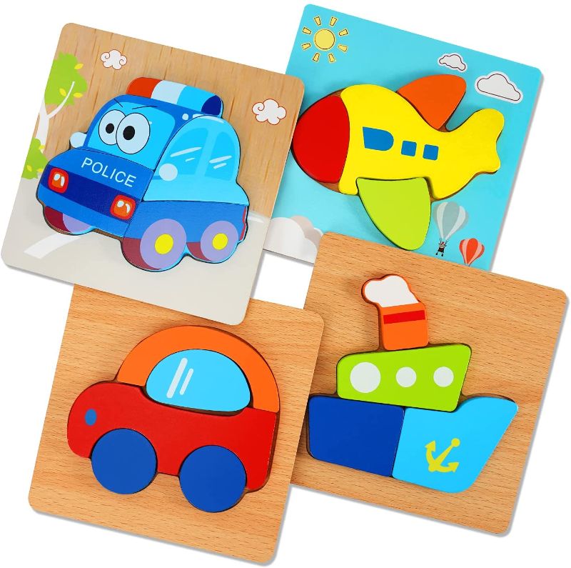 Photo 1 of Mkpkic Wooden Jigsaw Puzzles Gifts Toys for Toddler 1 2 3 4 Years Old Boys Girls Infant Kids Learning Educational Toys 4 Pack Vehicle Shape Montessori Toys Puzzle Board Birthday Gifts
