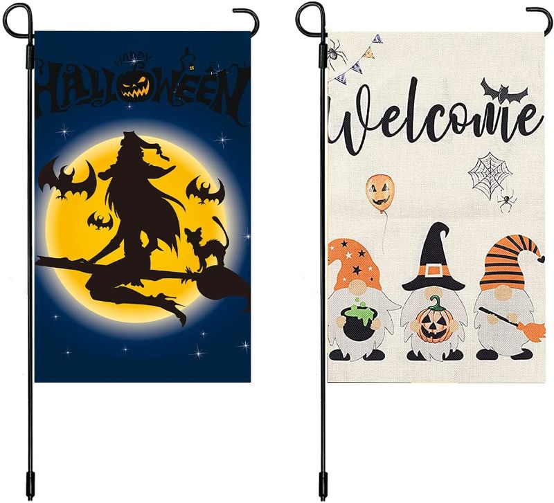 Photo 1 of 2 Pcs Halloween Garden Flag Vertical Double Sided Happy Halloween Gnome Witch Sisters Ghost Yard Flags Outdoor Decoration 28 x 40 Inch
