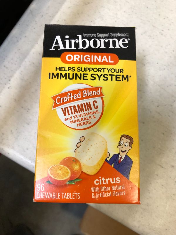 Photo 2 of Airborne 1000mg Vitamin C Chewable Tablets with Zinc, Immune Support Supplement with Powerful Antioxidants Vitamins A C & E - (96 count bottle), Citrus Flavor, Gluten-Free
EXP 03/2022