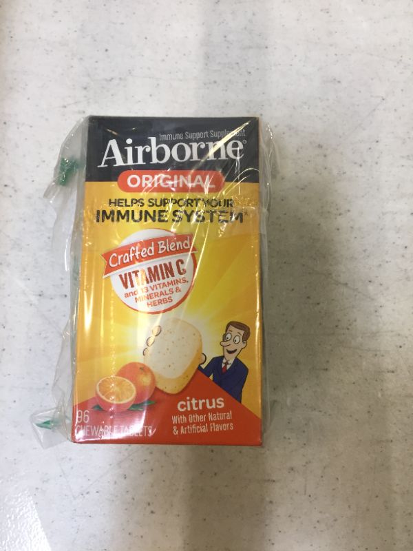 Photo 1 of Airborne 1000mg Vitamin C Chewable Tablets with Zinc, Immune Support Supplement with Powerful Antioxidants Vitamins A C & E - (96 count bottle), Citrus Flavor, Gluten-Free
EXP 03/2022