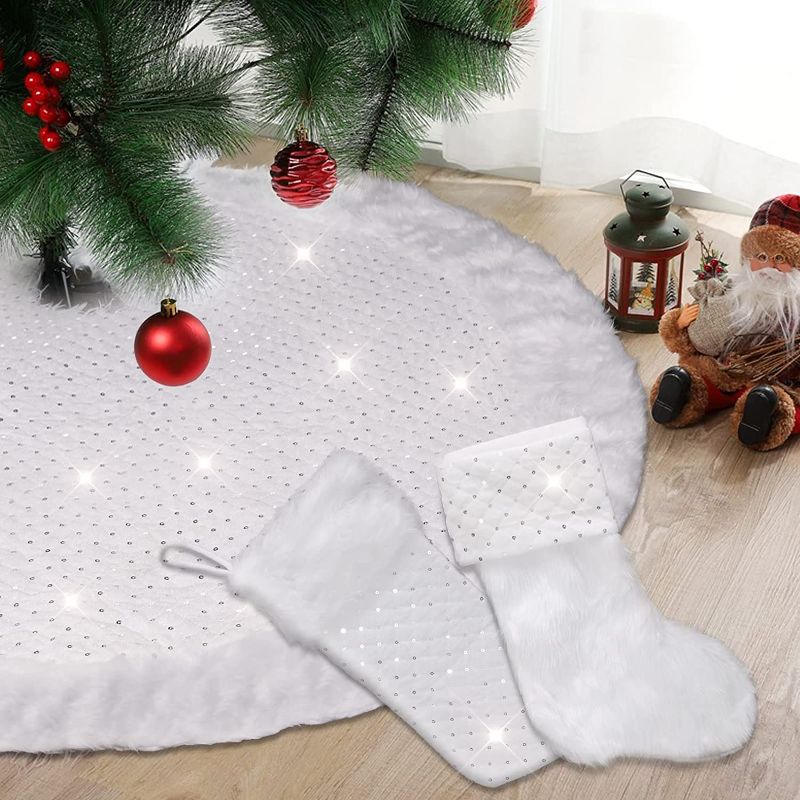Photo 1 of ANWING 48 Inch Christmas Tree Plush Skirt with 2 Christmas Stocking Big Size Round Xmas Tree Skirt Decoration White Mat Base Cover for Holiday Christmas Decorations, Double Layers
