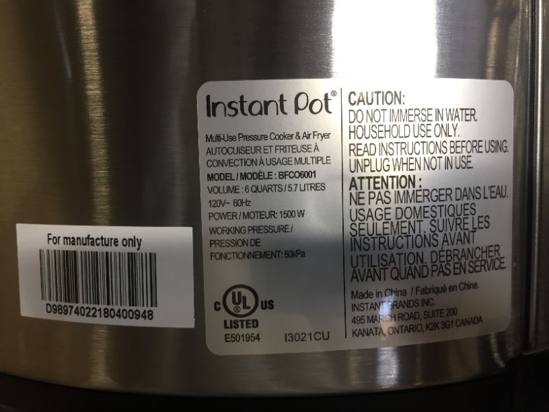 Photo 5 of Instant Pot Duo Crisp 9-in-1 Electric Pressure Cooker with Air Fryer Lid and Sealing Ring, Stainless Steel, Pressure Cook, Slow Cook, Air Fry, Roast, Steam, Sauté, Bake, Broil and Keep Warm
