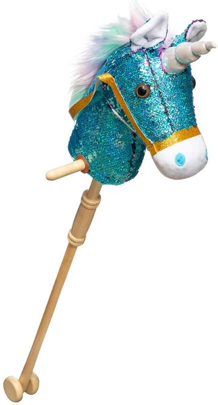 Photo 1 of  Sequin Unicorn Stick Horse with Wood Wheels Real Pony Neighing and Galloping Sounds Plush Unicorn Toy Blue 36 Inches