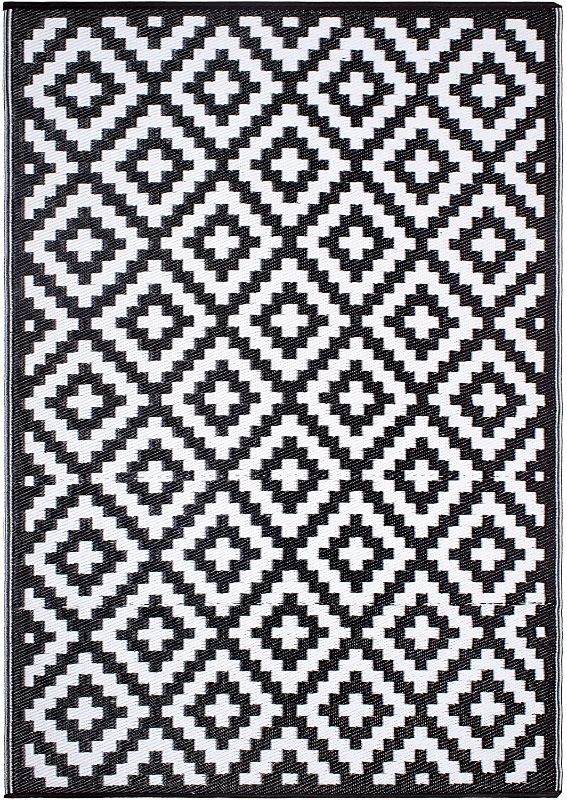 Photo 1 of FH Home Outdoor Rug - Waterproof, Fade Resistant, Reversible - Premium Recycled Plastic - Geometric - Large Patio, Deck, Sunroom, Camping, RV - Aztec - Black & White - 6 x 9 ft
