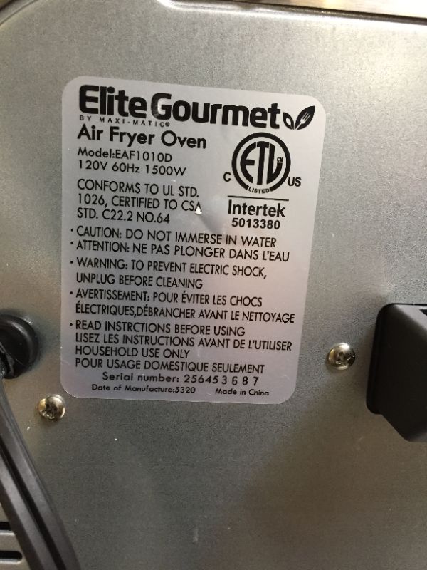 Photo 4 of Elite Gourmet Maxi-Matic EAF1010D Programmable 10L Fryer Convection Countertop Oven, Temperature + Timer Controls, Bake, Toast, Broil, Air Fry, 10.5 Qt, Stainless Steel