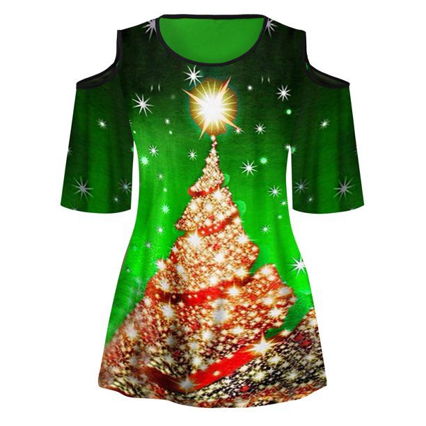 Photo 1 of Mnycxen plus size Christmas costumes for women Women's Round Neck Christmas Tree Print Cold Shoulder Half Sleeve Christmas Tops Size: L