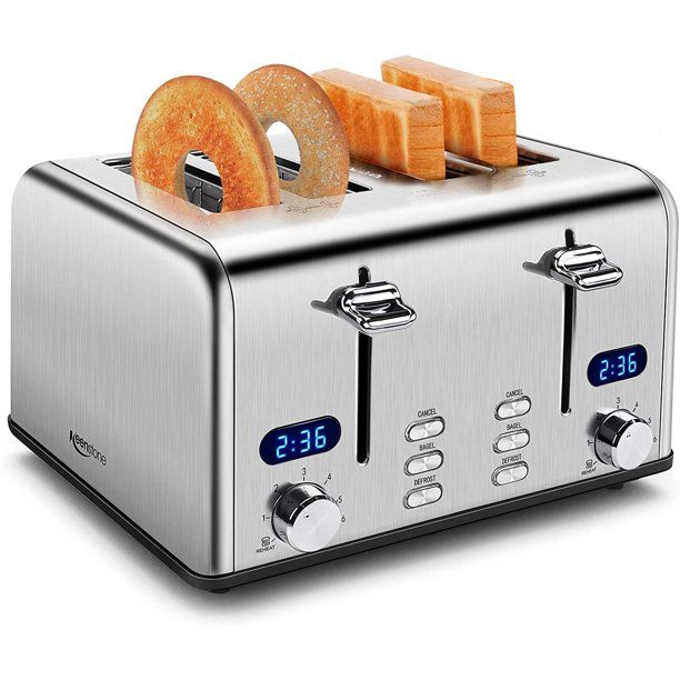 Photo 1 of 4 Slice Toaster, Keenstone Retro Bagel Toasters with Timer, Wide Slot, Crumb Tray, Brushed Stainless Steel
