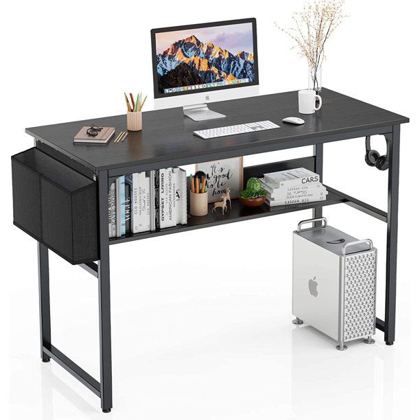 Photo 1 of Cheflaud Computer Desk, Office Sturdy Desk Modern Simple Study Writing Table for Home Office with Storage Bag, Metal Frame, Black