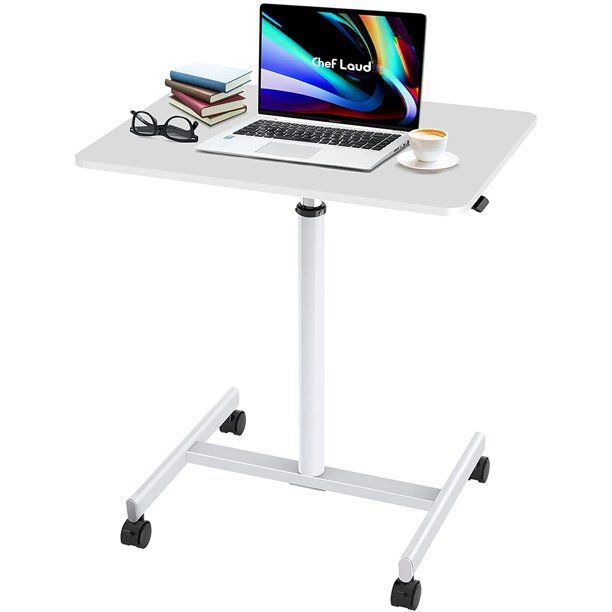 Photo 1 of Pneumatic Mobile Laptop Desk Height Adjustable Computer Standing Desk Rolling Workstation Cart for Office Home Working Table Support 66LB,White