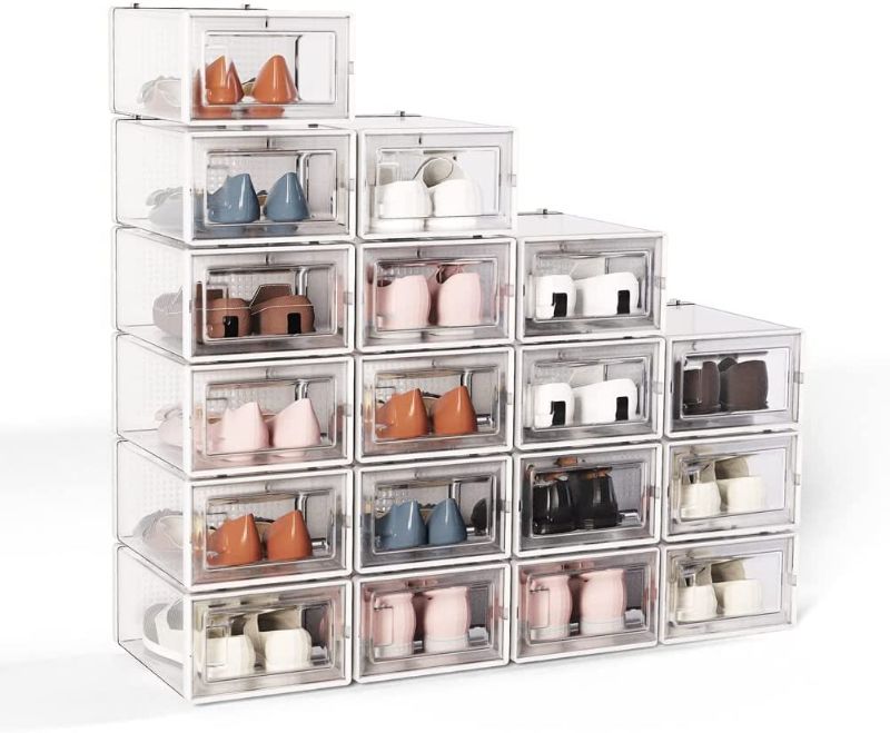 Photo 1 of Crestlive Products 18 Pack Shoe Storage Box, Plastic Foldable Shoe Box, Stackable Clear Shoe Organizer (Medium/White)
