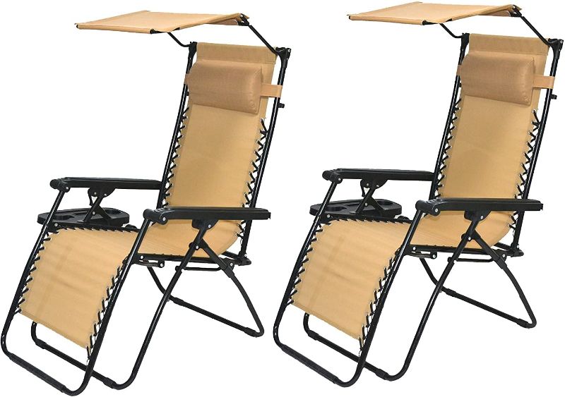 Photo 1 of BTEXPERT CC5044BG-2 Zero Gravity Chair Lounge Outdoor Pool Patio Beach Yard Garden Sunshade Utility Tray Cup Holder Beige Two Case Pack (Set of 2 pcs), Piece, Tan with Canopy
