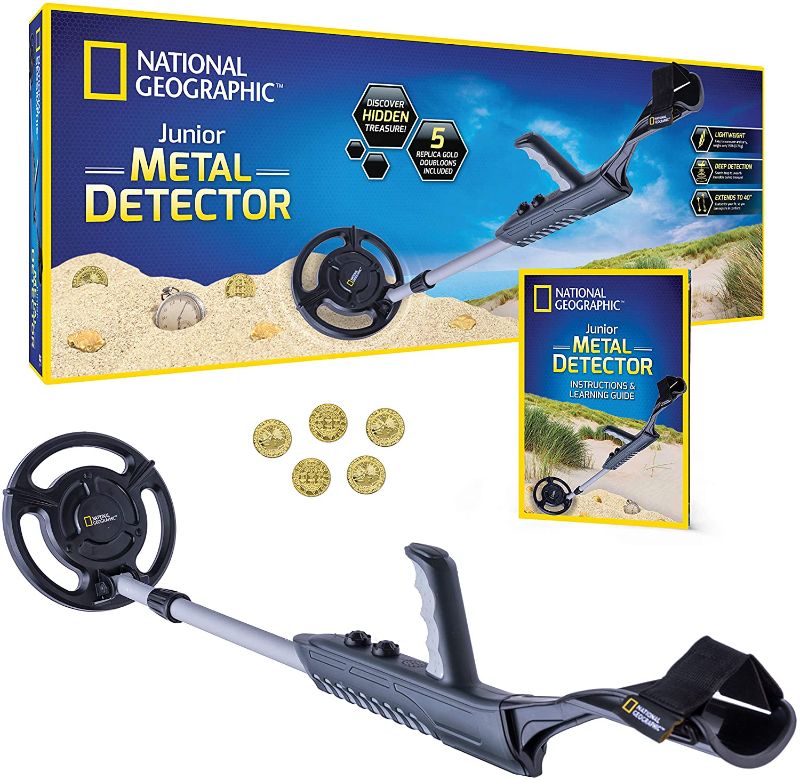 Photo 1 of NATIONAL GEOGRAPHIC Metal Detector for Kids with 7.5" Waterproof Dual Coil, Adjustable Lightweight Design, Great for Treasure Hunting Beginners, with 5 Replica Gold Doubloons , Black
