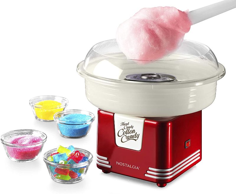Photo 1 of Nostalgia PCM405RETRORED Hard and Sugar Free Countertop Cotton Candy Maker, Includes 2 Reusable Cones and Scoop, Retro Red
