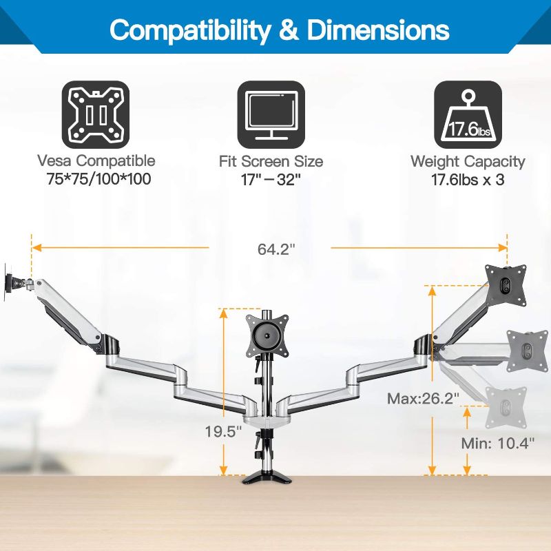 Photo 1 of HUANUO Triple Monitor Stand - Full Motion Articulating Gas Spring Monitor Mount Fit Three 17 to 32 inch Flat/Curved LCD Computer Screens with Clamp, Grommet Kit, Silver
