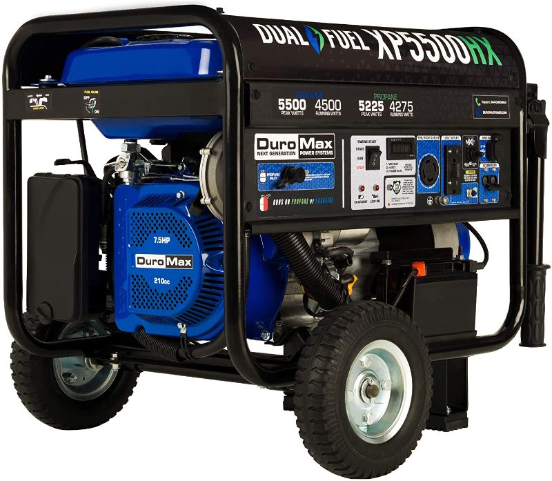 Photo 1 of DuroMax XP5500HX Dual Fuel Portable Generator-5500 Watt Gas or Propane Powered Electric Start w/CO Alert, 50 State Approved, Blue
