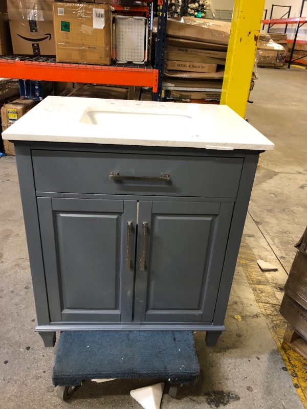 Photo 2 of allen + roth Brookview 30-in Slate Blue Undermount Single Sink Bathroom Vanity with Carrara Engineered Marble Top
