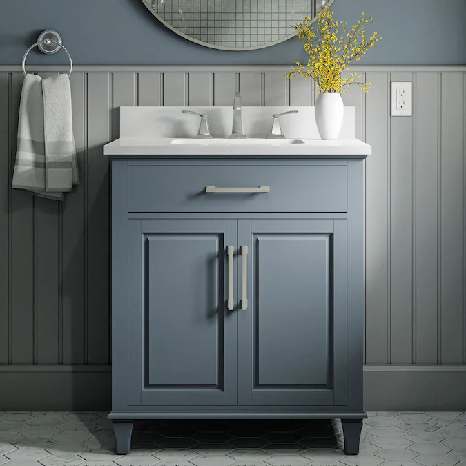 Photo 1 of allen + roth Brookview 30-in Slate Blue Undermount Single Sink Bathroom Vanity with Carrara Engineered Marble Top
