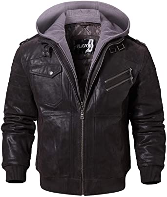 Photo 1 of FLAVOR Men Brown Leather Motorcycle Jacket with Removable Hood size 4xl big and tall 