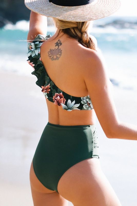 Photo 2 of Dark Green Floral One Shoulder Ruffle High Waisted Bikini NEW Size Large