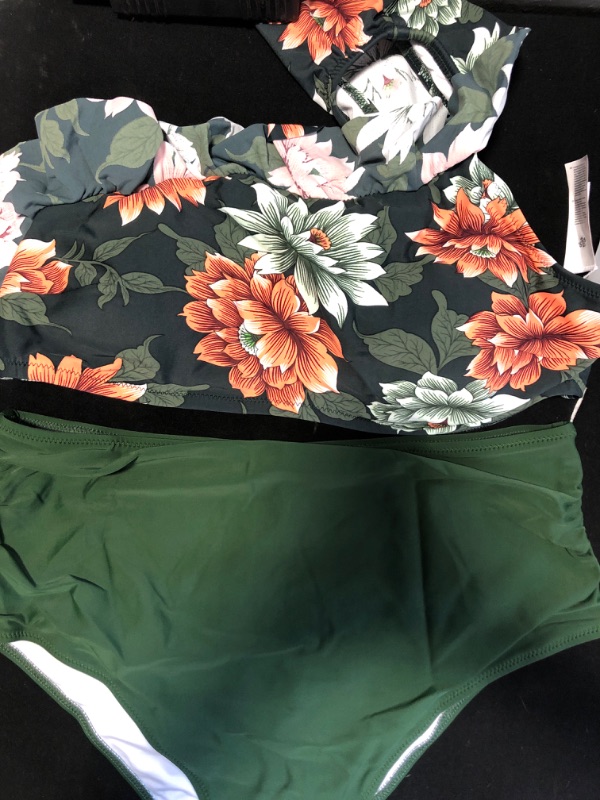 Photo 4 of Dark Green Floral One Shoulder Ruffle High Waisted Bikini  NEW Size XXL