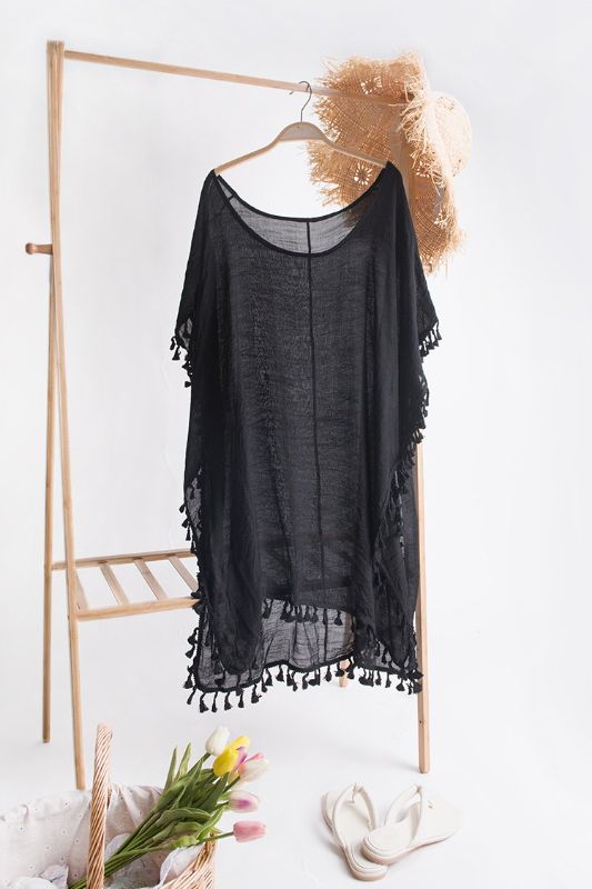 Photo 3 of Abbie Black Round Neck Tassel Cover Up NEW SIze F ( loose fit )