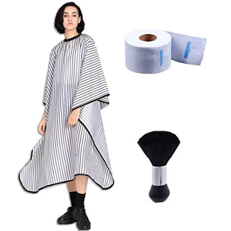 Photo 1 of XL Searsucker Barber Cape for Men - Extra Long Back and Front for Adults 51 x 71 Inches, Black and White Striped Barber Hair with Duster and Neck Straps