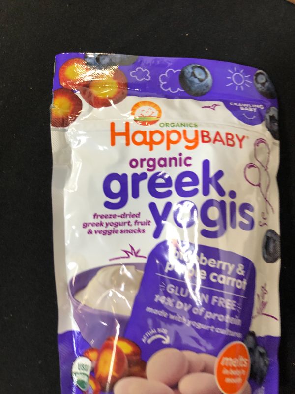 Photo 1 of Happy Baby Organic Greek Yogis Freeze-Dried Greek Yogurt and Fruit Snacks, Blueberry/Purple Carrot, 1 Ounce (Pack of 8) -- EXP 03/11/2022
